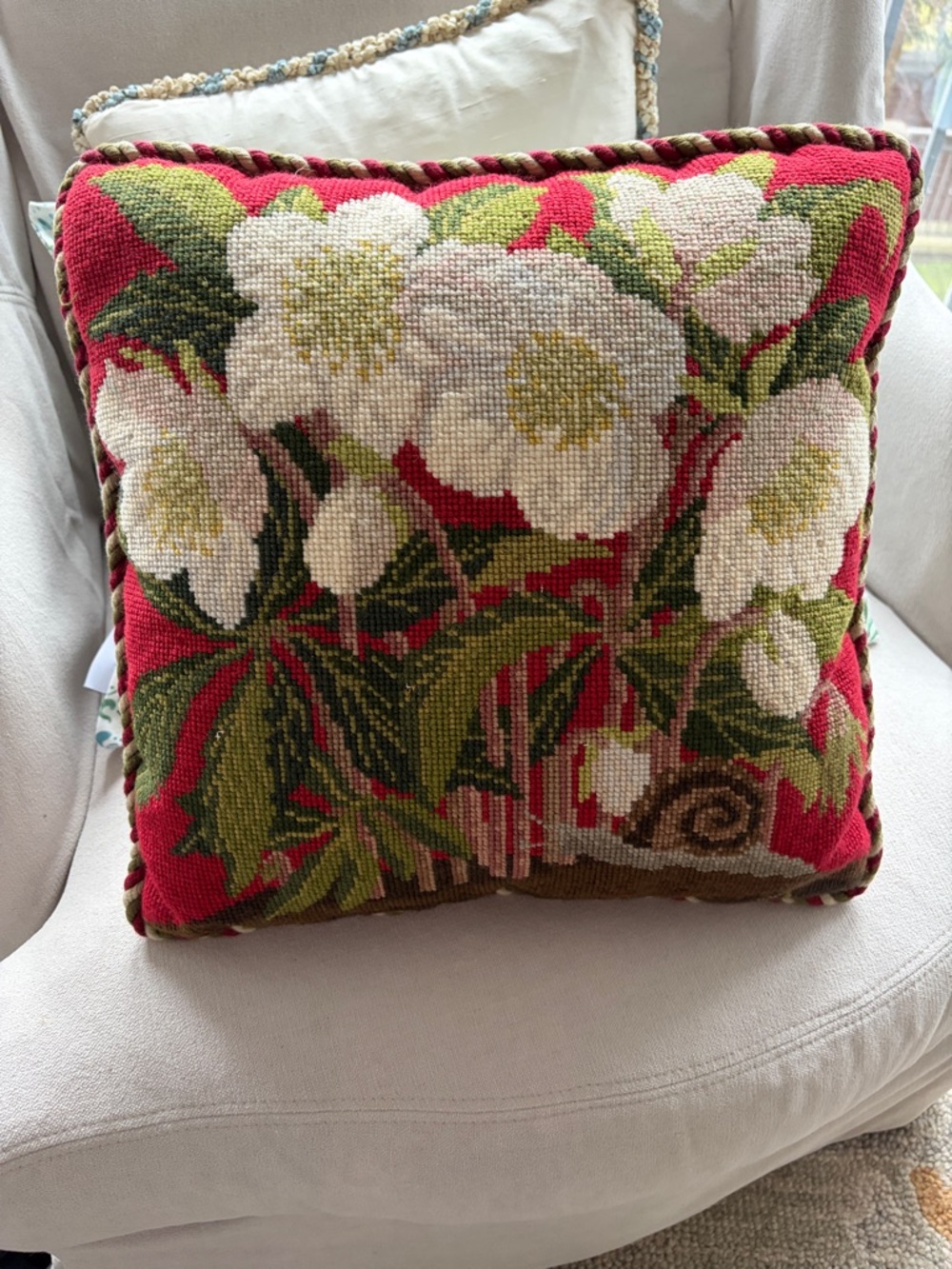 Floral Needlepoint Throw Pillow in Red and White